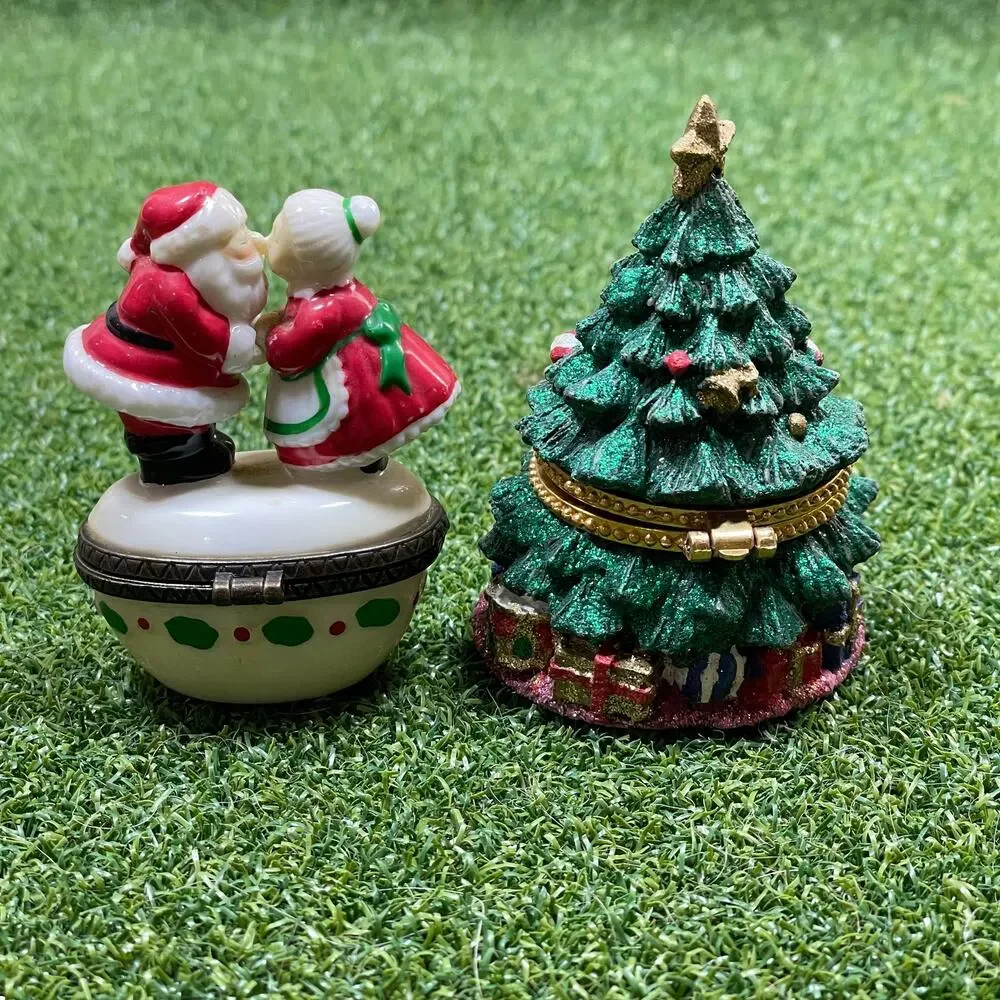 Vintage Lot Decorative Hinged Santa Christmas Tree Tabletop Trinket Box
